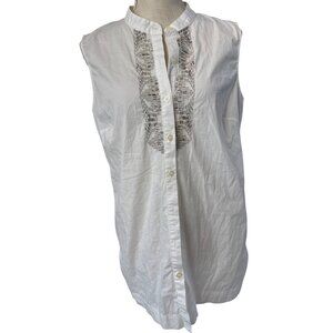 White Sleeveless Embellished Button Up Blouse With Textured Metallic Detail Dana